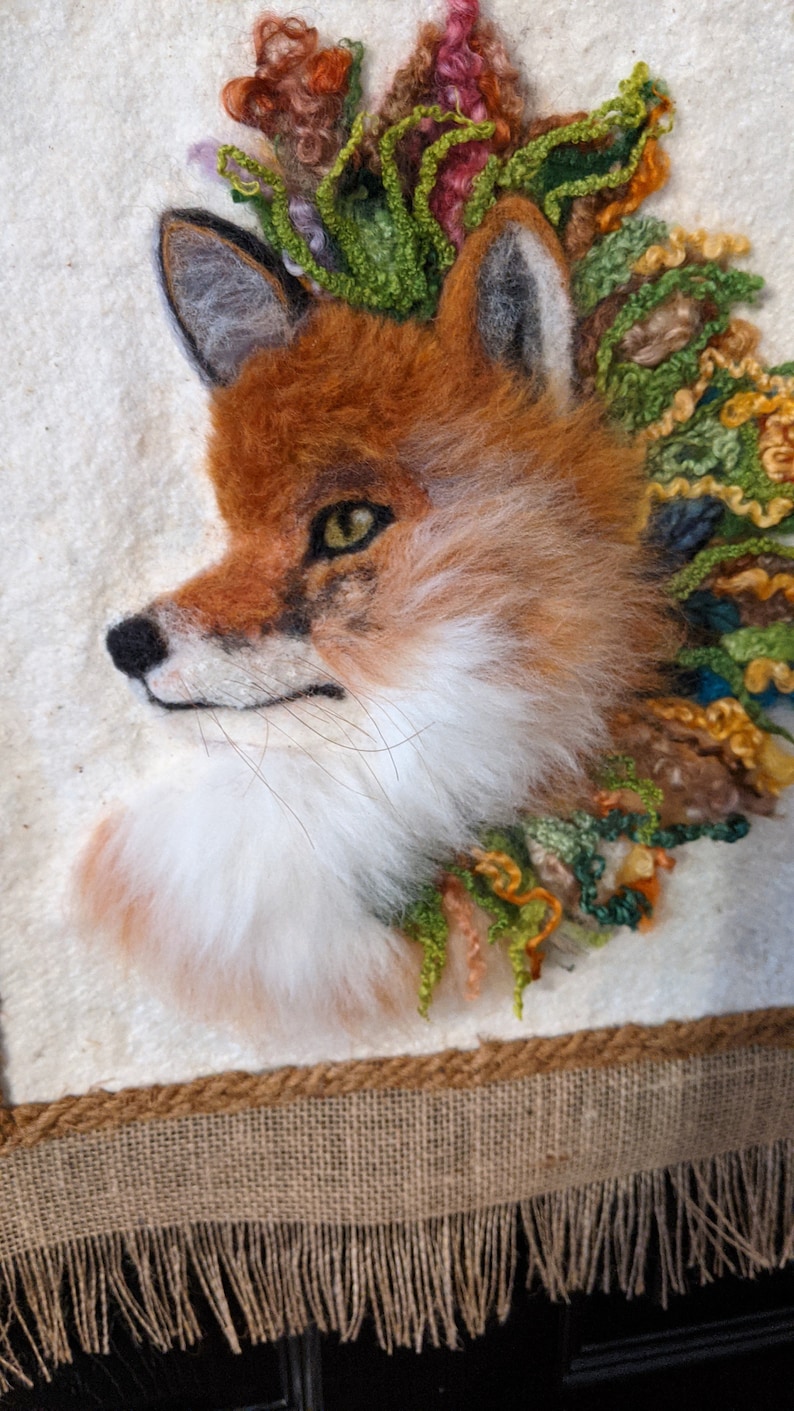 2D Needled Felted Wool Wall Hanging of a Fox With Flowers on Natural Cotton Batting and Burlap