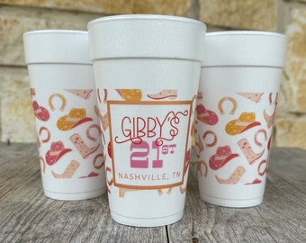 Full Color Styrofoam Cups, Digital, Personalized, Monogrammed, Western, Cocktail, Roadie, Party, Wedding, Shower, Watercolor, Birthday, 21st