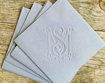 Embossed Napkins, Interlocking Monogram, Monogrammed Linen Like Beverage Napkins, Paper, Personalized, Cocktail, Wedding Napkins, Duogram