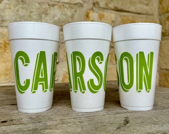 Personalized Block Name Cups, Styrofoam, Monogrammed, Custom, Roadie, Cocktail, Party, Wedding, Disposable, Hostess Gift, Neon Ink, Family