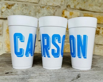 Personalized Block Name Cups, Styrofoam, Monogrammed, Custom, Roadie, Cocktail, Party, Wedding, Disposable, Hostess Gift, Neon Ink, Family