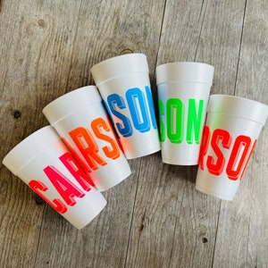 Personalized Block Name Cups, Styrofoam, Monogrammed, Custom, Roadie, Cocktail, Party, Wedding, Disposable, Hostess Gift, Neon Ink, Family