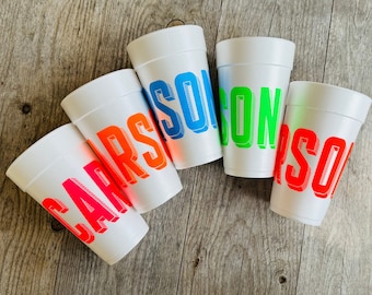 Personalized Block Name Cups, Styrofoam, Monogrammed, Custom, Roadie, Cocktail, Party, Wedding, Disposable, Hostess Gift, Neon Ink, Family