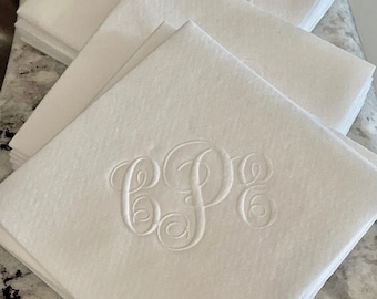 Monogrammed Embossed Linen Like Beverage Napkins, Paper, Personalized, Cocktail, Wedding, Cake, Shower, Brunch, Hostess Gift, Disposable