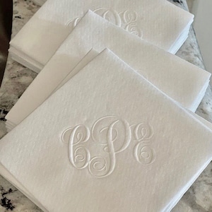Monogrammed Embossed Linen Like Beverage Napkins, Paper, Personalized, Cocktail, Wedding, Cake, Shower, Brunch, Hostess Gift, Disposable