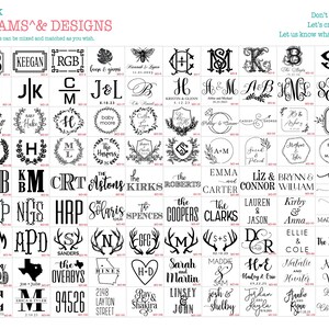 May include: A grid of black ink monograms and designs on a white background. The text ELOQUENCE INK MONOGRAMS & DESIGNS appears at the top, along with text inviting custom requests. Each design is labeled with a unique code like MD-1 to MD-100.