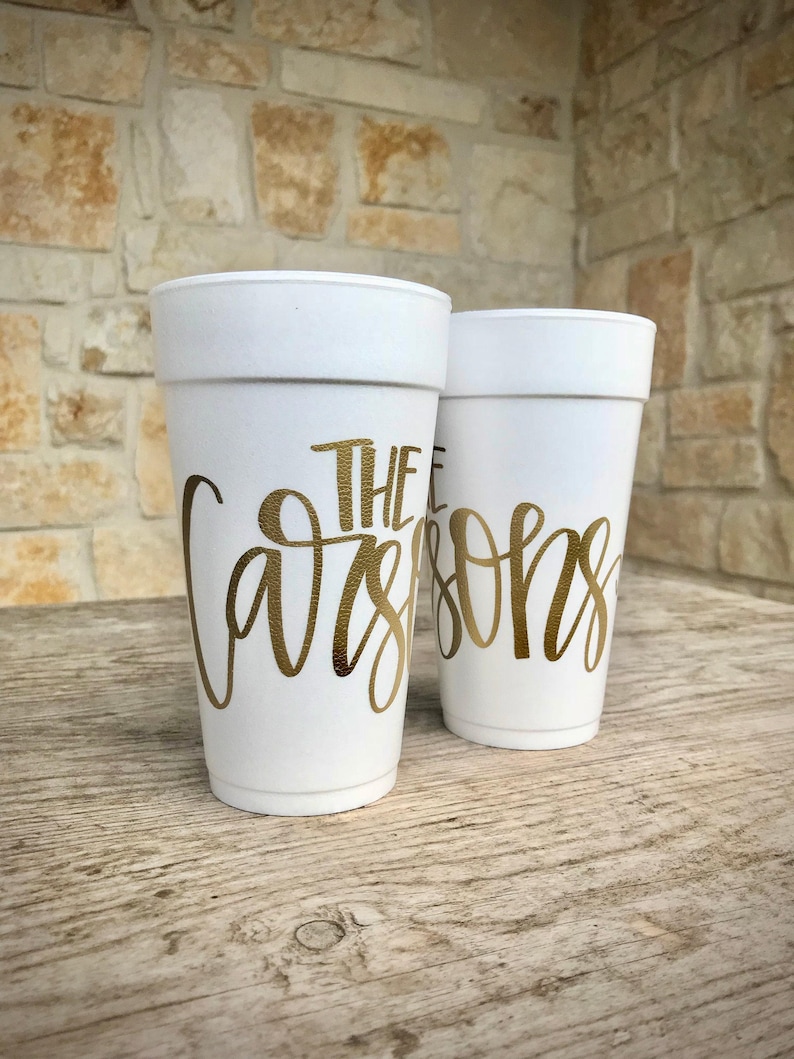 Hand Lettered Cups, Personalized, Monogrammed, Custom, Party, Foam, Wrapped Text, Cocktail Cups, Family Cups, Hostess Gift, Styrofoam imagen 1