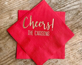 Personalized Napkins, Monogrammed, Custom, Paper, Cocktail, Beverage, Christmas, Holiday, Red, Cheers Napkin, Cocktail Napkin, Party Napkin.