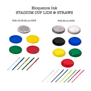 May include: An assortment of stadium cup lids and straws in various colors. The image displays lids for 16 or 22 oz cups and 32 oz cups. The lids are blue, yellow, green, red, black, and clear. The straws are clear, blue, green, and red.