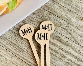 Food Picks, Personalized, Custom, Monogrammed, Wood, Round, 4", Sticks, Appetizer, Bloody Mary, Garnish, Finger, Sandwich, Skewer, Cocktail