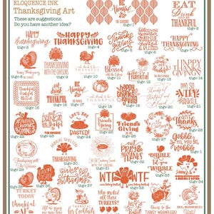a collection of Thanksgiving-themed graphics and phrases, including various Thanksgiving-related symbols, words, and phrases. The graphics are arranged in a grid format, with each row representing a different Thanksgiving-related element or phrase. The phrases are written in a stylized font and are scattered throughout the image, creating a festive and seasonal atmosphere.