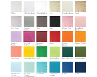 May include: A color chart of 3-ply napkins from Eloquence Ink, featuring a variety of colors including white, ivory, pink, orange, blue, and green. The napkins come in different styles, such as coined edge and pin dot.