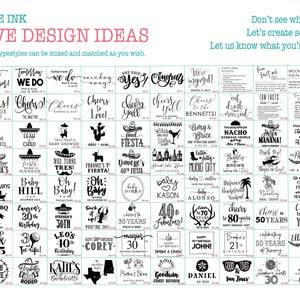 May include: A grid of black and white graphic design templates labeled ELOQUENCE INK FESTIVE DESIGN IDEAS. The image displays various typography styles, illustrations, and personalized text options for events, celebrations, and milestones.