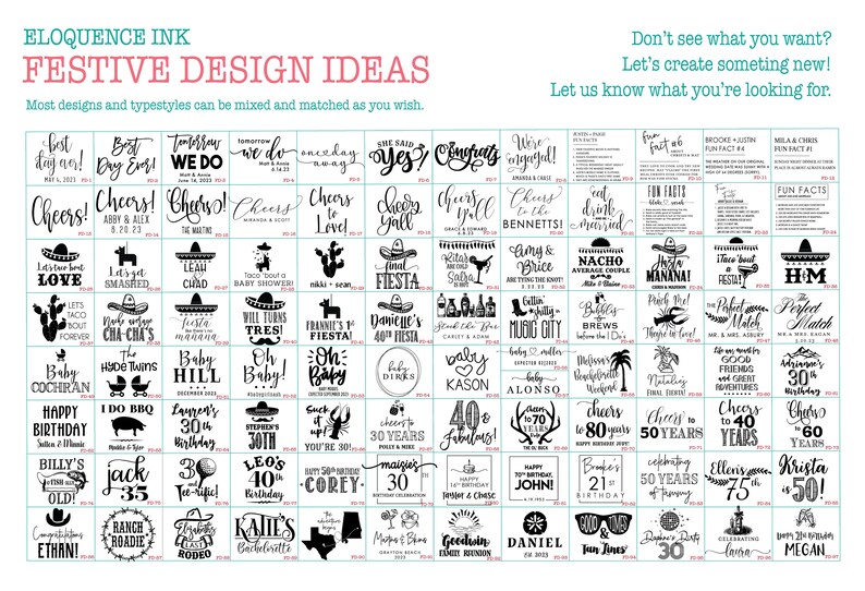 May include: A grid of black and white graphic design templates labeled ELOQUENCE INK FESTIVE DESIGN IDEAS. The image displays various typography styles, illustrations, and personalized text options for events, celebrations, and milestones.