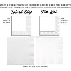 The image is a comparison between Coined Edgé and Pin Dot napkins. It shows two versions of the napkins, one with the Coined Edgé edge and the other with the Pin Dot edge. The image highlights that suppliers are slowly changing 3-ply napkins to Pin Dot, but Coined Edgé is still available. The image also mentions that the lighting is different between the two versions.
