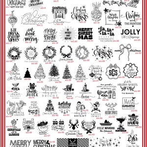 a collection of Christmas-themed illustrations and text, including phrases, symbols, and designs related to the holiday season.