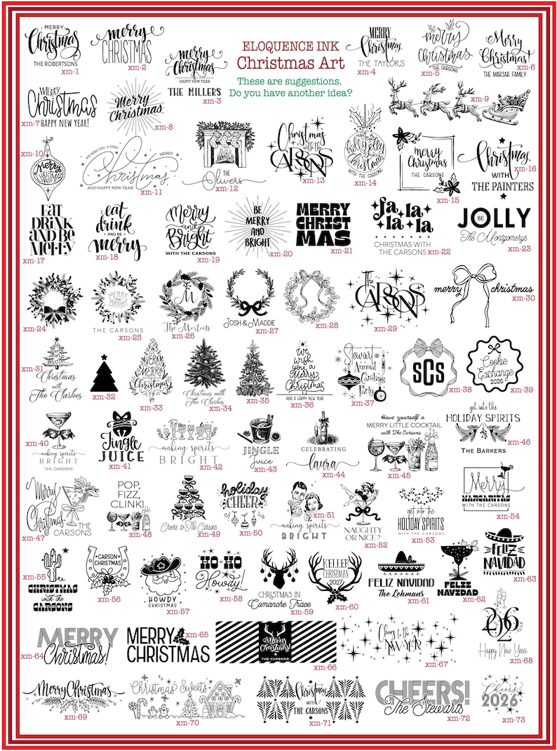 a collection of Christmas-themed illustrations and text, including phrases, symbols, and designs related to the holiday season.