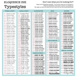 May include: A typography chart titled ELOQUENCE INK Typestyles displaying various font options categorized into sections including Formal Script, Casual Script, Handwritten, Serif, Modern, Fun & Festive, Ranch & Fiesta, and Special Occasion.