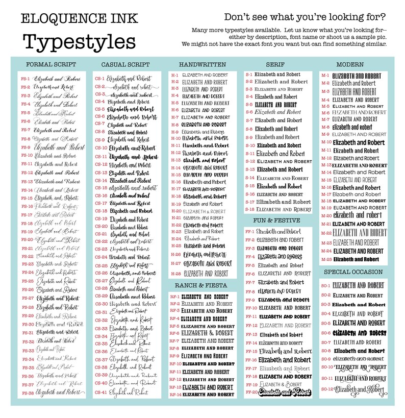 May include: A typography chart titled ELOQUENCE INK Typestyles displaying various font options categorized into sections including Formal Script, Casual Script, Handwritten, Serif, Modern, Fun & Festive, Ranch & Fiesta, and Special Occasion.