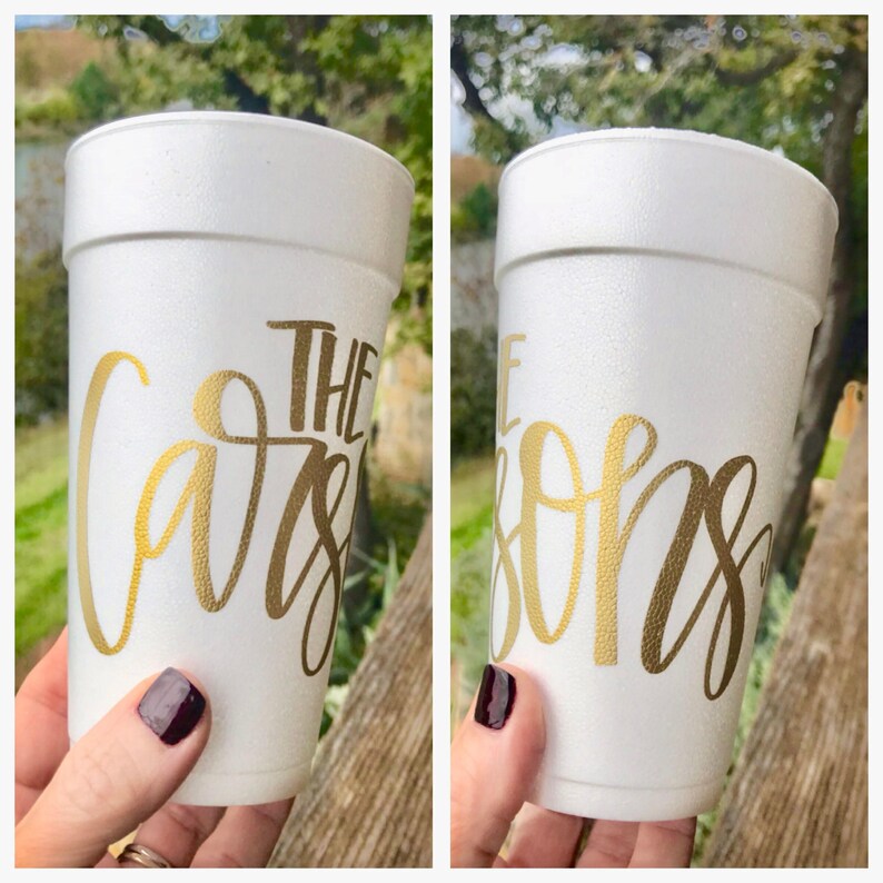 Hand Lettered Cups, Personalized, Monogrammed, Custom, Party, Foam, Wrapped Text, Cocktail Cups, Family Cups, Hostess Gift, Styrofoam imagen 2