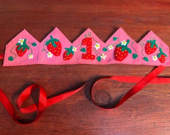 Strawberry Fields Felt Hand Embroidered Crown, Birthday Crown, Fruit Themed Birthday Party