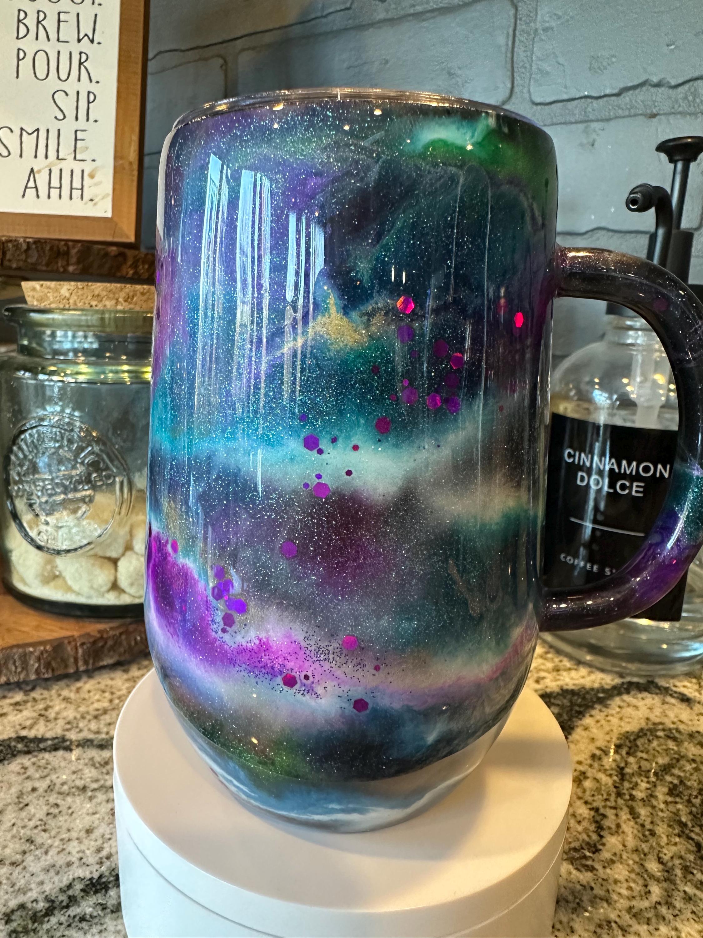 Ready to Ship 16oz handled mug, blue, purple, teal, ink and glitter