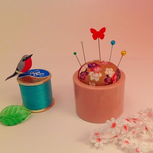 Pin Keep BEST SELLER gift Asian Pink Cherry Blossoms poly resin nap. ring small Travel size by Marcy 1.75"D x 1.75"H 1 oz #3620 Pincushion