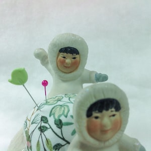Pincushion Frolicking Eskimos Snowball Toss Collectors Gift Porcelain Figurine 4.5&quot;W 3.5&quot;H 6 oz # 6880 Pin Cushion Pin Keep