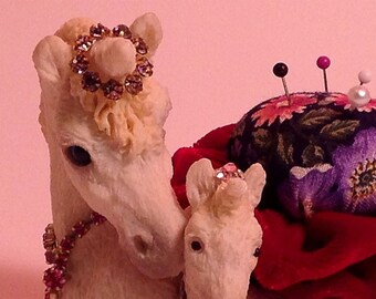 Lovley Unicorn Rare Mother/Baby Fine Cast-Stone Figurine Jewel Head-Crown Red Velvet ML Size Horse Figurine 4"W x 3"H 5oz #1675 Pincushion