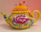 Pincushion. Porcelain Yellow Teapot Floral China Peony Rose Anemone Flowers 5 quot W by 3 quot H, 5 oz net, 3495 Pin Cushion
