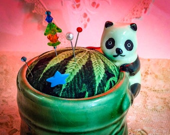 Pincushion Panda Bamboo Porcelain Vintage Figurine 3.5