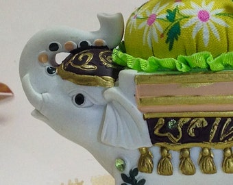 Pincushion, "Rosie" the ELEPHANT, Weighted Porcelain Figurine, Reversible Cushion Pin Keep,   3.25" W by 3" H,  5 oz net, #6414 Pin Cushion