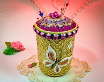 Pincushion. Butterfly, Weighted, Deep, Cotton Fabric, Ceramic Tumbler. 3&quot; D by 4&quot; H,  6 oz net, #5382 Pin Cushion.