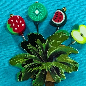 Pins. 4 Fruit, Apple, Kiwi, Lemon, Lime, Strawberry, Watermelon, Flower.  1&quot;-1.12&quot; Long Fruit Pins &  2&quot; Flower Pins    #6244