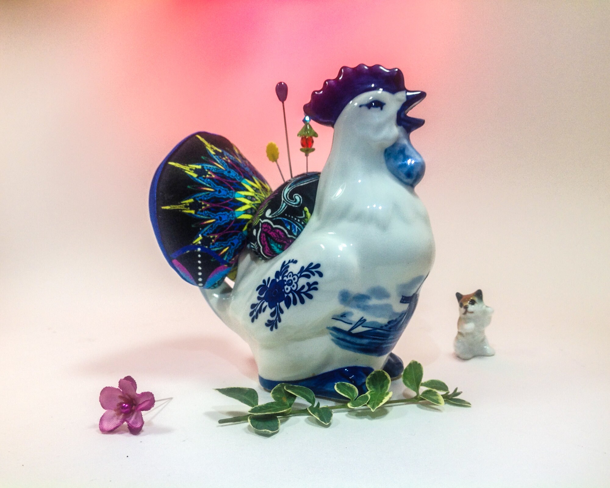Pincushion, Chicken, Delft Cream Pitcher, Rooster, Handpainted, Holland