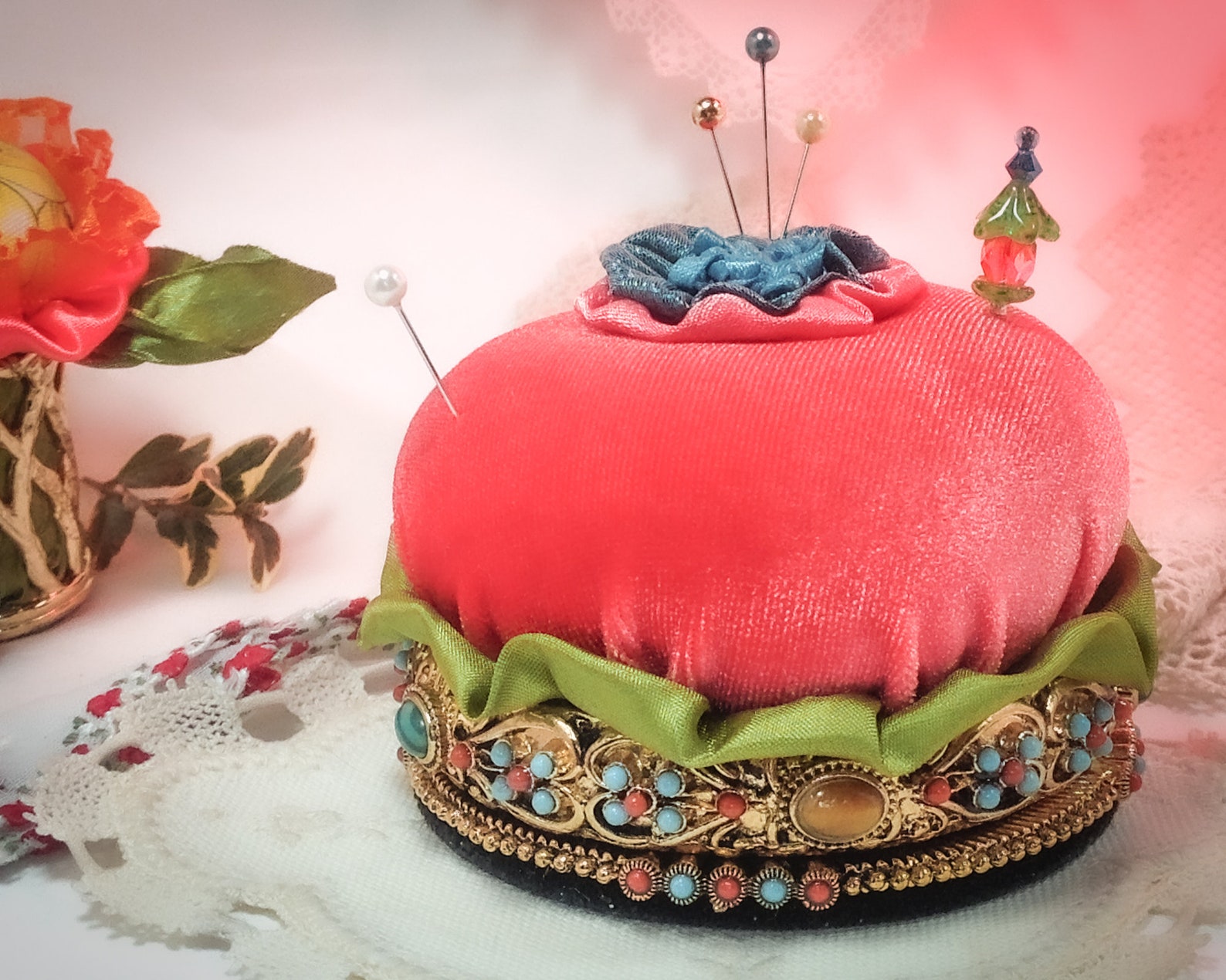 Pincushion Coral Velvet, Turquoise Jewels, Double Golden Ring 3.25 D by