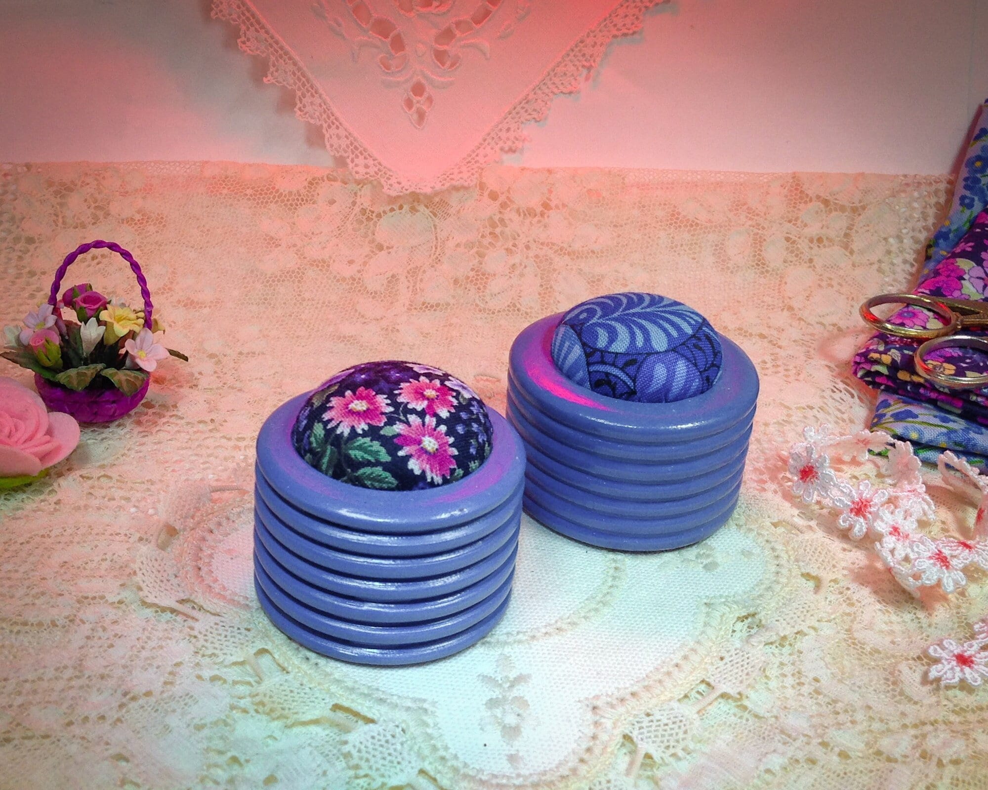Pincushion. Set of Two, Purple Wood Rings Handmade Pin Cushions Woman Gift Small size 2"W x 2"H, 1.5 oz each (3 oz. Total) #5485/ #1770