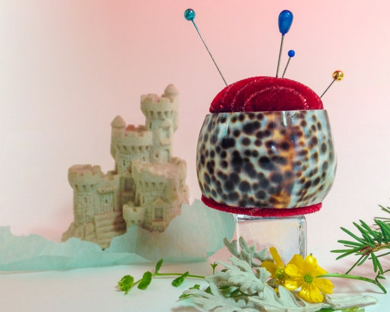 Pincushion. Cowry Shell, Natural, Red Sparkle Velvet, Weighted, Nature Gift, Travel Pin Keep   2" W by 2" H,  3 oz net, #5720 Pin Cushion