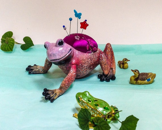 Pincushion Happy Pink Frog Magenta Satin Brocade Art Nouveau