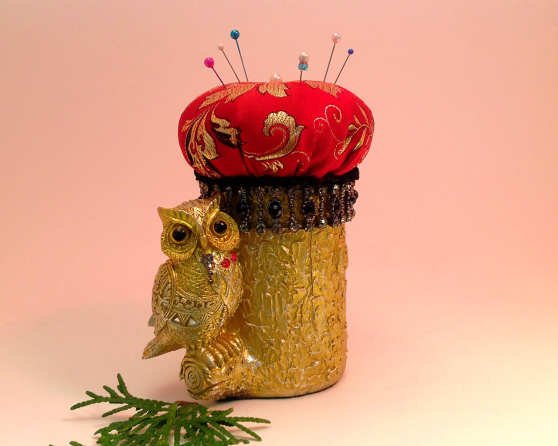 Pincushion. Golden Owl Jeweled Red Satin Brocade Rhinestone Etsy