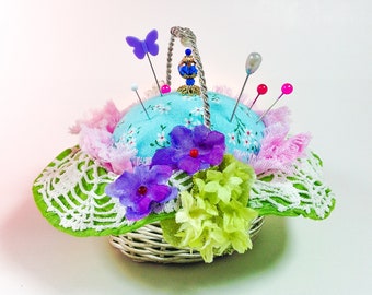 Pincushion. Let's Go On A Picnic, Silvered  Metal Woven Basket, Butterfly, Med. Size.  5" W by 3" H,  6 oz net, #4264 Pin Cushion