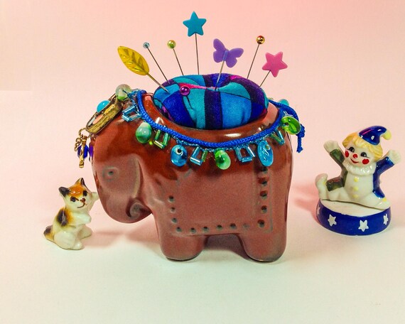 Pincushion Beautiful Elephant Adorned w/Beads Jewel Ceramic Weighted Cotton Fabric Med.Size  Polyfil 4"W x 3.25"H 7oz #6961 Pin Cushion Keep