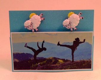 Sheep Gymnastics/Yoga, Sunrise Class, 2 Decorative Pins, 2 inch Fine Quality Prym Dritz Straight Pins.  #2642