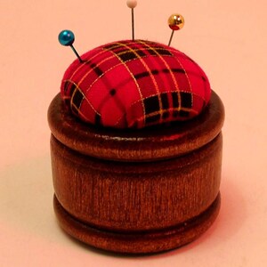 Pincushion Red Plaid Wooden Ring Small Size BEST SELLER Travel Size Pin Needle Keep Weighted Polyfil 2&quot;W x 2&quot;H 2 oz #2610 Pin Cushion
