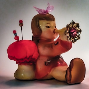 Pincushion Lovely Hummel Girl Horn Blower Unique Music Collector Gift Figurine Trumpet Sewing Pin Keep Small Red Beads 2.25"x2.5" 2oz #1386