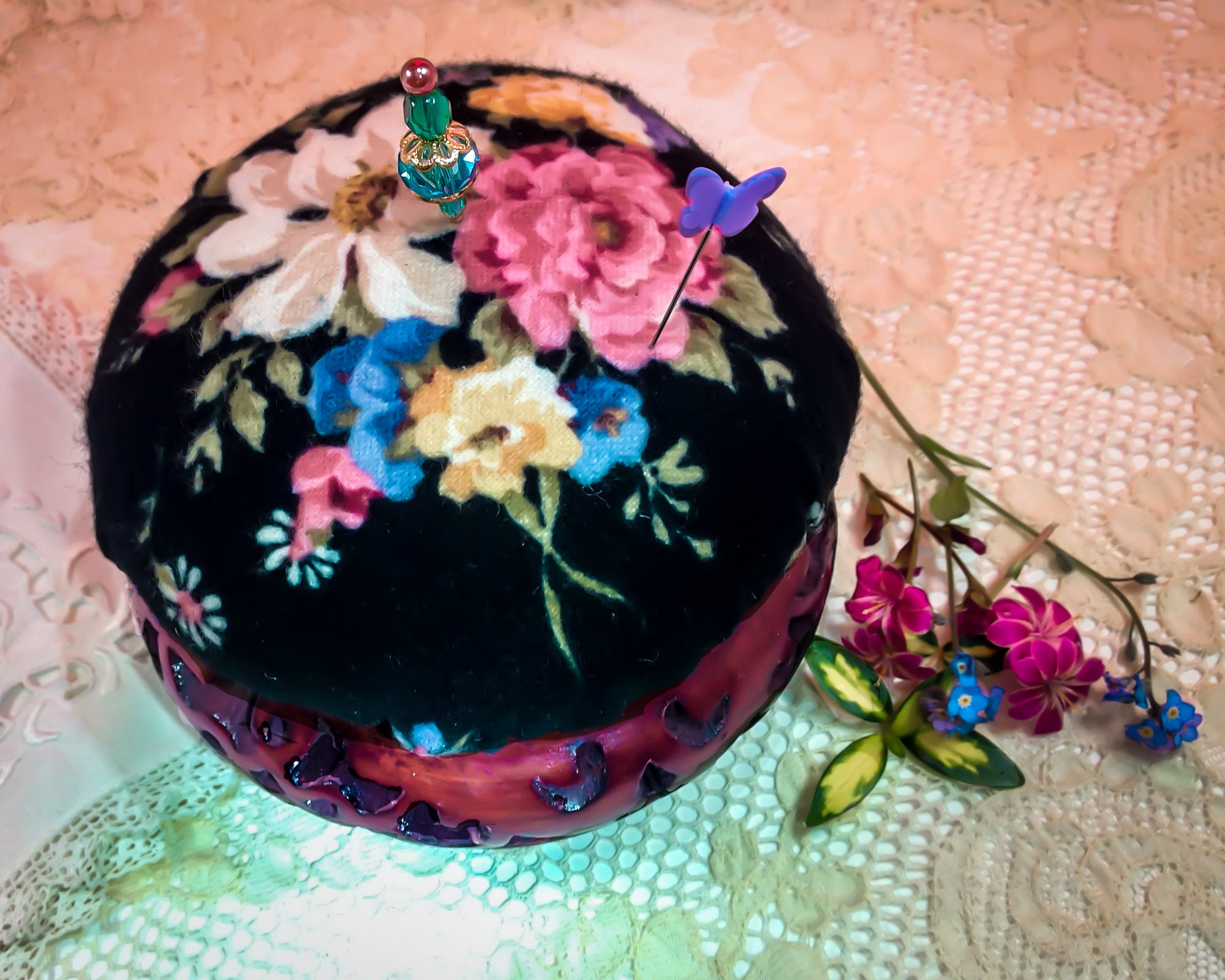 Pincushion. Chinese Ornate Carved Wood Large Floral Cotton/Sky Etsy