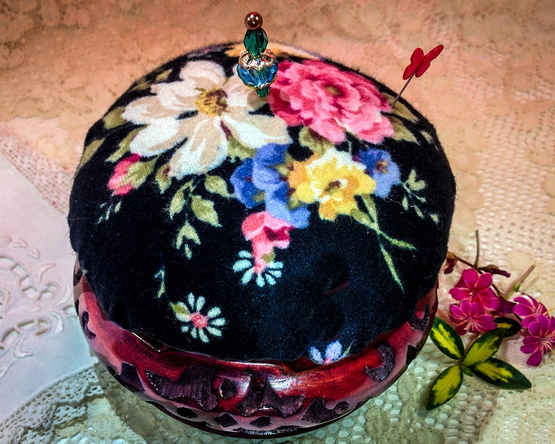 Pincushion. Chinese Ornate Carved Wood Large Floral Cotton/sky Blue