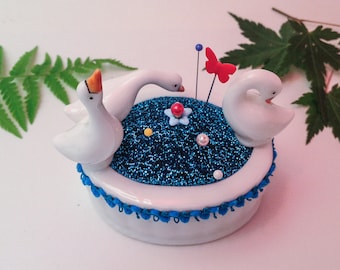 Pincushion Three Geese at the Lake Pond Porcelain Figurine White Blue Sparkle Bird Family Hand Made Gift 3.5"W-3.25"H 5oz #3914 Pin Cushion