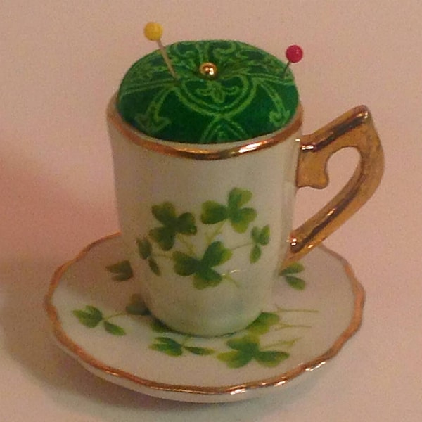 Pincushion.  Shamrock Mini Cup /W Celtic Design Fabric for St. Patricks Day  2" W by 2" H,  2 oz net, #1763 Pin Cushion