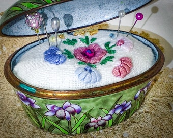 Vintage Enamel Pincushion Embroidered Linen Lidded Brass Box Purple Iris Weighted Christmas Gift Handmade 3.5"W x 2"H 5oz #5190 Pin Cushion.